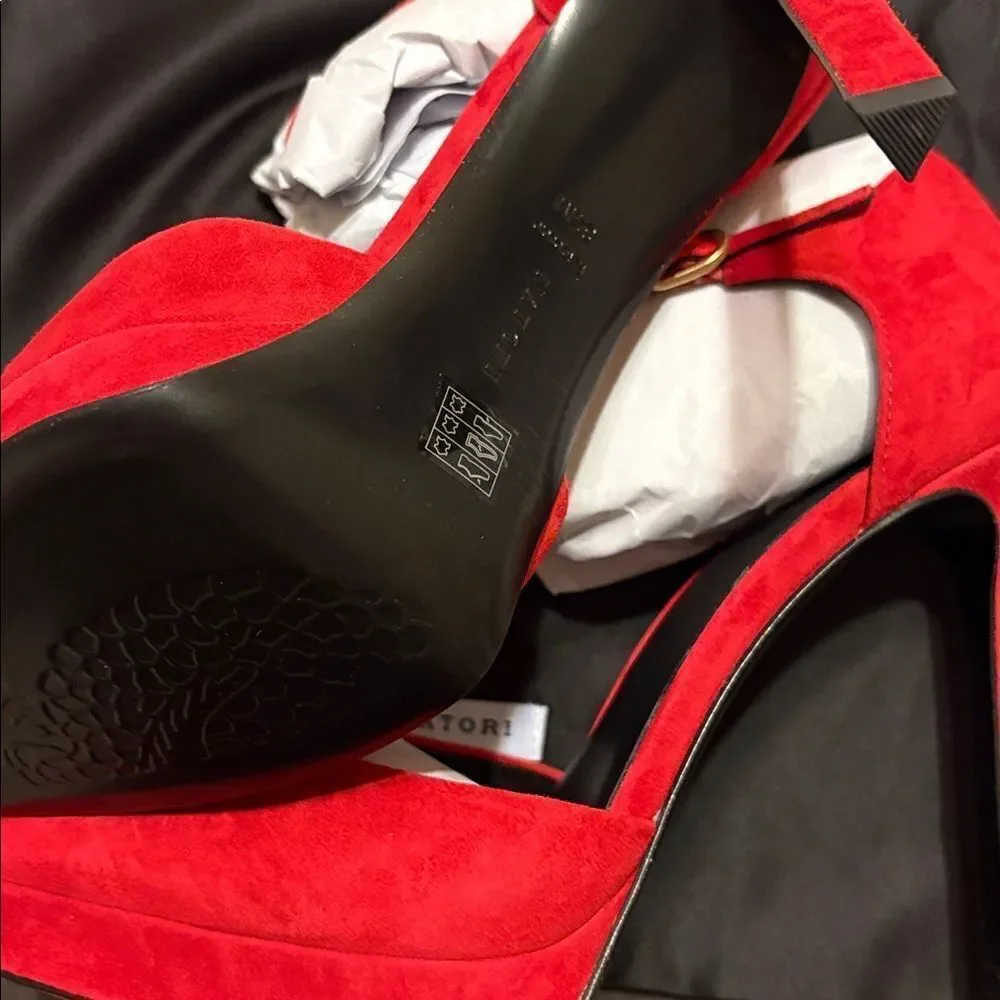 NWT Natori Red Suede Ankle Strap Heels - Brand  new in the box $275